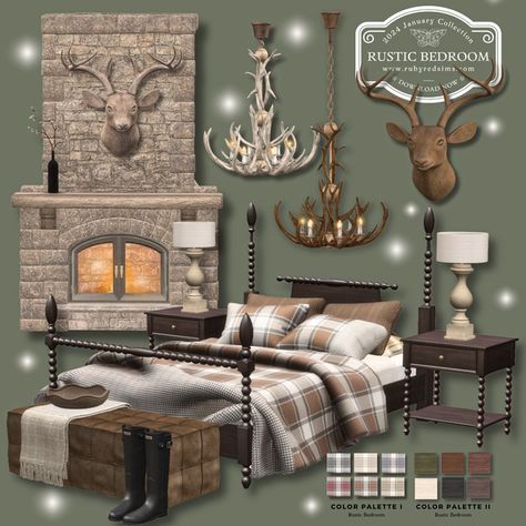 [Preview] Rustic Bedroom | Patreon Lodge Furniture, Toddler Bed Frame, Christmas City, Cabin Bedroom, Sims 4 Bedroom, Cc Furniture, Sims 4 Clutter, Tumblr Sims 4, 4 December