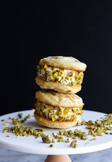 LEMON + PISTACHIO ICE CREAM SANDWICHES — The Vivid Kitchen Lemon Ice Cream Sandwiches, Icecream Sandwich, Lemon Pistachio, Frozen Treats Recipes, Lemon Cookie, Pistachio Cookies, Lemon Ice Cream, Frozen Dessert Recipe, Pistachio Ice Cream