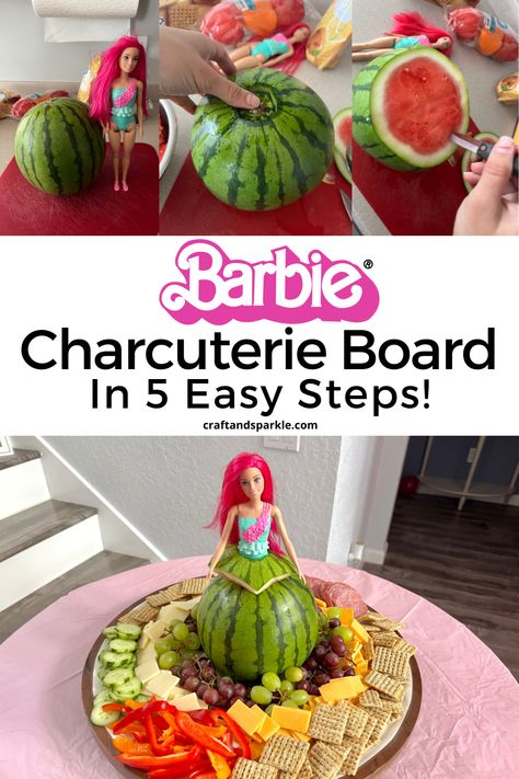 Barbie Birthday Party At Park, Barbie Veggie Tray, Charcuterie Board Barbie, Barbie Charcuterie Board Ideas, Barbie Fruit Platter, Chauterrie Board, Barbie Fruit Tray, Barbie Charcuterie, Barbie Charcuterie Board