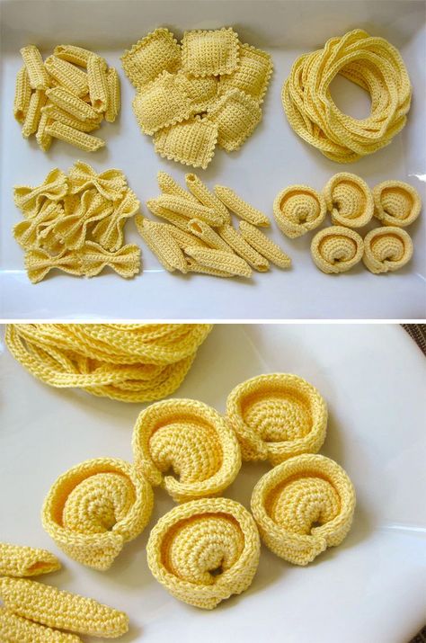 Crochet Pasta Pattern Free, Crochet Ravioli, Crochet Pasta, Pasta Crochet, Crochet Spaghetti, Crochet Food, Kids Projects, Crochet Inspo, Fiber Rich