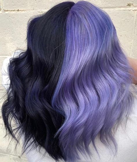 Colored Split Dye, Pastel Purple And Black Hair, Half And Half Hair Color Purple, Black Split Dye Hair, Crazy Hair Dye, Split Hair Color Ideas, Split Dye Hair Ideas, Purple Balayage, Split Dye