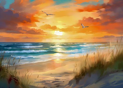 This breathtaking tranquil seascape painting captures the essence of a mesmerizing sunset, casting a warm golden glow over the serene waters. Adorned with graceful seagulls gliding through the gentle breeze, this print brings the soothing ambiance of the seaside right into your space. Display it on your digital devices, print it as wall art, or use it as a screensaver to experience a moment of serenity whenever you need it. Seaside Sunset Painting, Seaside Paintings Beaches, Sunset Digital Art, Art Curation, Beach Sunset Painting, Seaside Paintings, Beach Drawing, Inktober 2024, Space Display