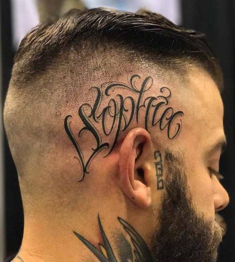 #letteringtattoo Half Sleeve Tattoo Stencils, Haircut Designs For Men, Scalp Tattoo, Black Men Tattoos, Phönix Tattoo, Haircut Design, Tattoo Lettering Design, Tattoo Lettering Styles, Rose Tattoos For Men