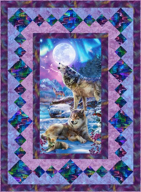 The family bonds of a wolf pack are unbreakable, and this week's exclusive eQuilter Free Pattern illustrates that! Papa howls while Mama and Cub rest under a shimmering Aurora Borealis (featuring the 'Picture This' collection by Jan Patrik Krasny for Robert Kaufman Fabrics and Hoffman 1895 hand-dyes). When we design these quilts for you, we just giggle with delight, knowing how much fun you will have sewing with these yummy fabrics! Quilt exclusively from www.eQuilter.com Wildlife Quilts, Moon Quilt, Panel Quilt Patterns, Fabric Panel Quilts, Quilt Border, Wolf Moon, Personalized Quilt, Robert Kaufman Fabrics, Panel Quilts