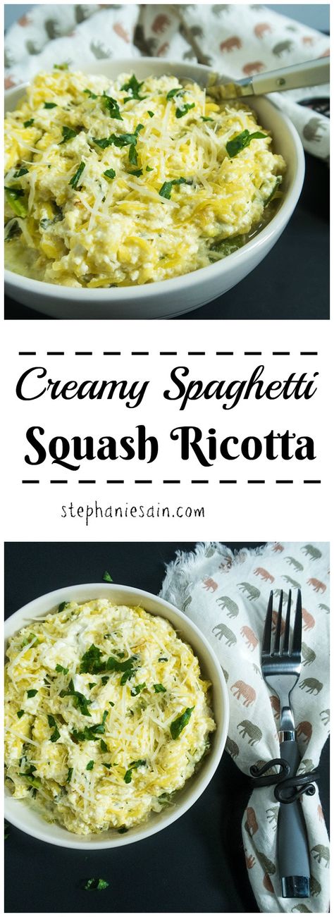 Creamy Spaghetti Squash Ricotta is made with a tasty, cheesy sauce and is an easy to prepare dinner. Low carb, Gluten Free & Vegetarian. Spaghetti Squash Ricotta, Creamy Spaghetti Squash, Spaghetti Squash Recipes Vegan, Vegetarian Low Carb, Dinner Low Carb, Low Carb Spaghetti, Creamy Spaghetti, Vegetarian Spaghetti, Cooking Spaghetti