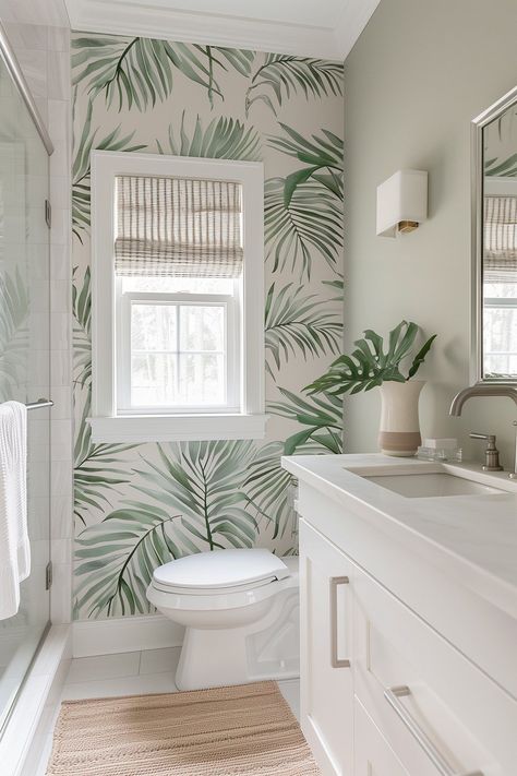 Wallpaper In Shower Room, Fun Wallpaper Half Bathroom, Old Florida Bathroom, Powder Room Ideas Coastal, Small Kid Bathroom Ideas, Palm Tree Bathroom Ideas, Small Master Bathrooms 2024 Trends, Palm Beach Bathroom, Farmhouse Coastal Bathroom