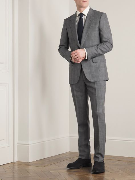 EXCLUSIVE AT MR PORTER. Kingsman's suit jacket is made from Prince of Wales checked wool sourced from Dormeuil – the French fabric manufacturer draws inspiration from age-old British tailoring traditions. Cut for a comfortable fit, it's fully lined for smooth layering and has fully functional buttoned cuffs. Kingsman Suits, Prince Of Wales Suit, Grey Pants Outfit, British Tailoring, Suit Jacket For Men, Saville Row, French Fabric, Pants Outfits, Gray Suit