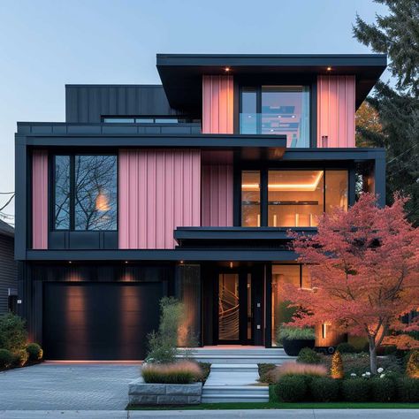 Chic Blush Pink and Charcoal Black in Modern Exterior Combinations • 333+ Images • [ArtFacade] Black And Pink House, Black Pink House, Pink House Exterior, Black Modern House, Cafe Design Inspiration, Royal Bedroom Design, Industrial Loft Decor, Black Houses, Terrace Decor