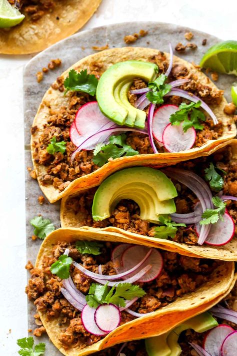 Vegan Chorizo Tacos | Dishing Out Health Taco Dishes, Dishing Out Health, Chorizo Tacos, Chickpea Tacos, Vegan Chorizo, Spiced Lentils, Lentil Burgers, Grilled Halloumi, Vegetarian Tacos