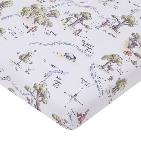 The Disney Classic Winnie the Pooh Fitted Mini Crib Sheet features a fun and playful map of the 100 Acres Woods!  Designed with Piglet, Eeyore, Tigger, Kanga, and Baby Roo, plus Rabbit, and Christopher Robin. Show cases all the fun places to play and explore, where Pooh and friends live in the 100 Acre Woods. Your little one will sleep soundly on this mini crib sheet's cozy surface, comes in shades of sage green, light blue, tan, and white. Measures 24" x 38" x 5" and includes full elastic for a safe and snug fit and fits a standard size mini crib mattress. Imported  Coordinates nicely with most decor and perfect for your Classic Pooh nursery! Soft Nursery, Piglet Eeyore, 100 Acre Wood, Winnie The Pooh Nursery, Wood Nursery, Baby Crib Sheets, Classic Winnie The Pooh, Baby Mattress, Mini Crib Sheets