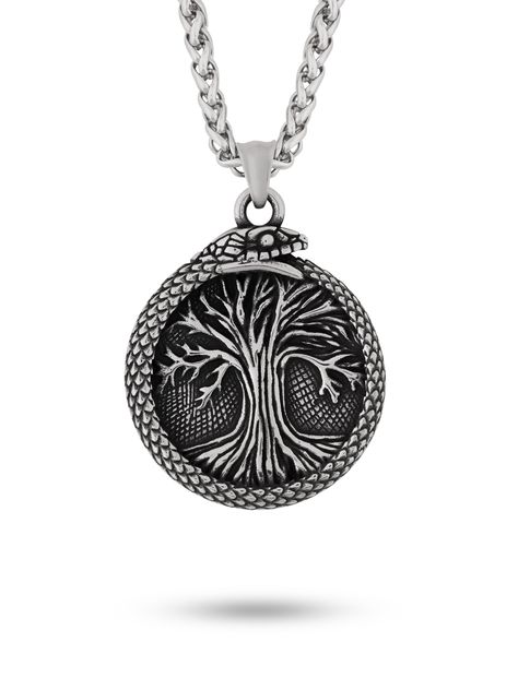 PRICES MAY VARY. OUROBOROS YGGDRASIL NECKLACE: This beautiful Ouroboros Yggdrasil Silver Medallion Men Necklace is the perfect accessory for any man. Crafted from premium materials, this necklace is designed to last. It's also a great gift idea for birthdays, anniversaries, or any other special occasion. MATERIALS: Meticulously crafted from high-quality stainless steel. SIZE AND LENGTH: Pendant measures about 0.62 x 0.31 inches (15.74 x 7.87 mm), includes 19.8" (50,5cm) box chain and lobster cla Viking Tree Of Life, Modern Warrior, Esoteric Astrology, Viking Wolf, Viking Warriors, Anchor Jewelry, Celtic Knot Pendant, Wolf Necklace, Inner Warrior