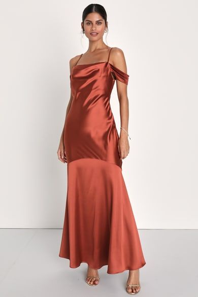 Rust bridesmaid gowns - Lulus Search Burnt Orange Bridesmaid Dresses, Rust Bridesmaid Dress, Orange Bridesmaid, Orange Bridesmaid Dresses, Fall Bridesmaid Dresses, Cold Shoulder Maxi Dress, Sleek Dress, Orange Satin, Lulu Fashion