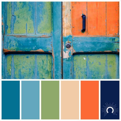 The color palette works together to create harmony. Teal Color Palette, Mexican Colors, Color Schemes Design, Orange Color Palettes, Yellow Colour Scheme, Living Room Color Schemes, Grey Color Scheme, Room Color Schemes, Bedroom Color Schemes