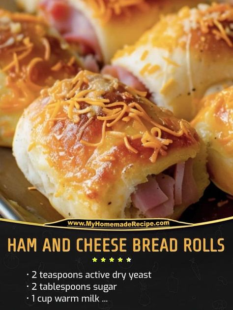 Family Cookbook Recipes | Roll up some deliciousness with Ham and Cheese Bread Rolls – a warm, cheesy, and savory treat perfect for any occasion | Facebook Ham And Cheese Bread, Stuffed Bread Rolls, Stuffed Rolls, Cheese Bread Rolls, Stuffed Bread, Cheese Rolling, Family Cookbook, Cheese Stuffed, Cheese Bread