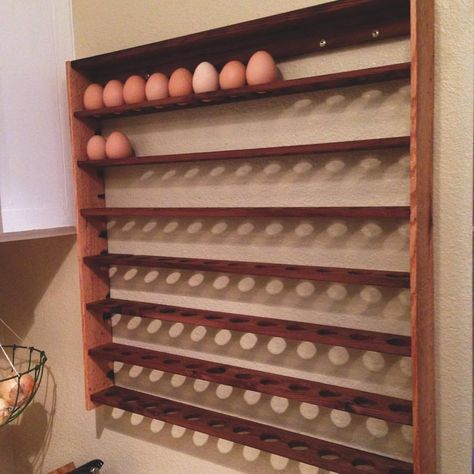 7 day egg rack, each shelf represents a day, so it is easy to keep track of the eggs that were first and last. Super simple to make, and hung with a french cleat. Egg Rack, Egg Laying Chickens, Building A Chicken Coop, Egg Storage, Pallet Decor, Recycled Pallets, Diy Chicken Coop, Chicken Diy, Chicken House