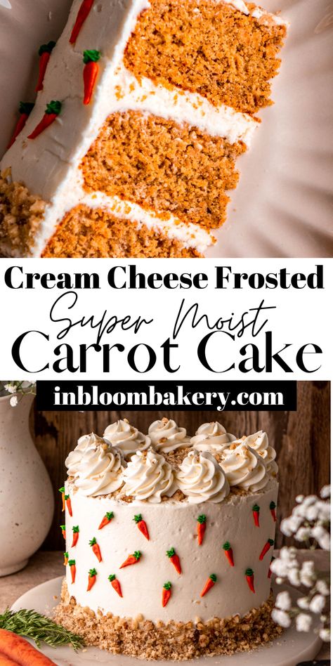 This is absolutely the best carrot cake recipe! It's easy to make, extremely moist, flavored with warm spices, and frosted with the best cream cheese frosting. It gets decorated with mini carrots for the cutest Easter and spring touch. It's my favorite recipe for carrot cake and I know you'll think it's the best cake too! Decorate A Carrot Cake, Carrot Cake Icing, The Best Cream Cheese Frosting, Best Cream Cheese Frosting, Best Carrot Cake Recipe, Easter Cake Easy, In Bloom Bakery, Bloom Bakery, The Best Carrot Cake