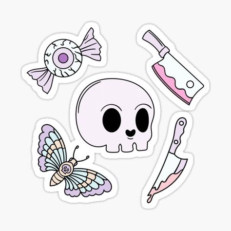 Skull Gothic Art, Cute Goth Stickers, Cute Skull Drawing, Cute Goth Art, Goth Doodles, Pastel Goth Stickers, Cute Spooky Art, Goth Stickers, Gothic Stickers