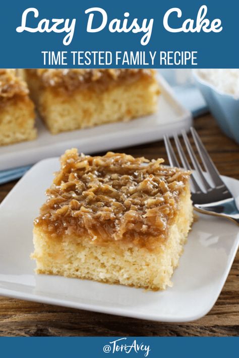 Lazy Daisy Cake – Light, moist vanilla cake topped with a broiled brown sugar coconut icing. Time-Tested Family Recipe. | ToriAvey.com #lazydaisycake #vanillacake #brownsugar #coconut #broiledicing #familyrecipe #cake #dessert #sweettooth #baking #thanksgiving #TorisKitchen Lazy Daisy Cake, Baking Thanksgiving, Lazy Cake, Daisy Cupcakes, Brown Sugar Cakes, Coconut Icing, Daisy Cake, Moist Vanilla Cake, Cake Light