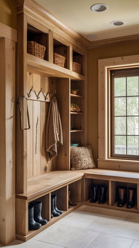 Small Entrance Mudroom Ideas, Coatroom Ideas, Mountain House Mudroom, Wood Mudroom Cabinets, Sunroom Mudroom Combo, Mudroom With Window, Corner Entryway Ideas, Cabin Entryway Ideas, Small Mudroom Ideas Entryway