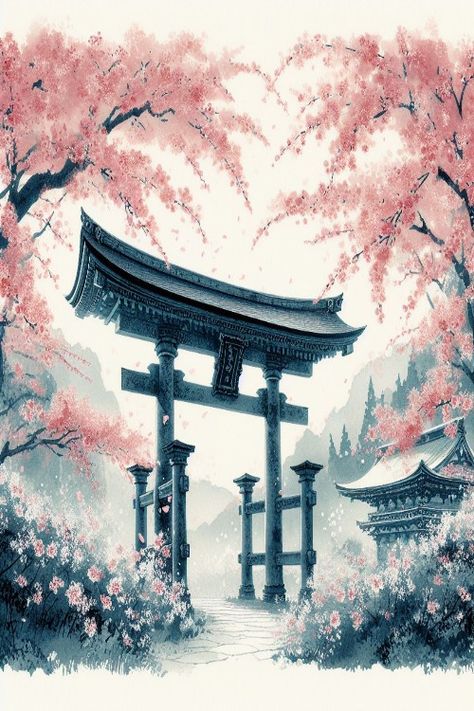 Temple Tranquility Art Check more: https://paintlyx.com/temple-tranquility-art/ Ville Cyberpunk, Japanese Shrine, Yin Yang Art, Samurai Tattoo Design, Torii Gate, Japanese Temple, Temple Art, Samurai Tattoo, Japon Illustration