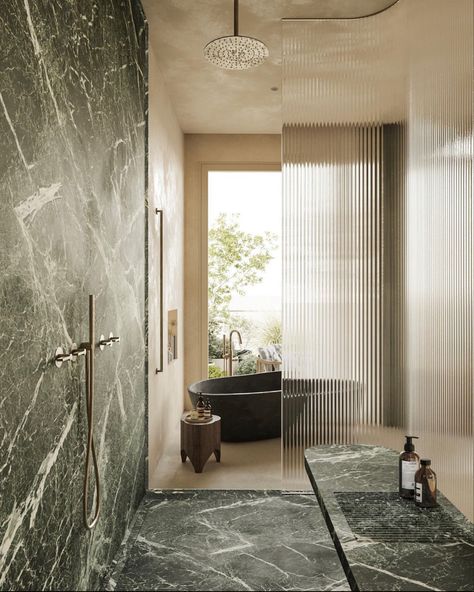 Green Marble Bathroom, Banda Property, Luxury Bathroom Inspiration, Penthouse Living, Restroom Design, Bathroom Design Inspiration, Bathroom Inspiration Decor, Flute Glass, Bath Room