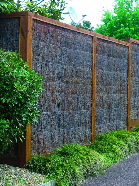 Brustics - Natural Landscaping Solutions Brush Fence, Fence Panels Ideas Decor, Decorative Privacy Fence, Pool Area Landscaping, Tropical Exterior, Pool Privacy, Fancy Fence, Side Path, Fence Decorating Ideas