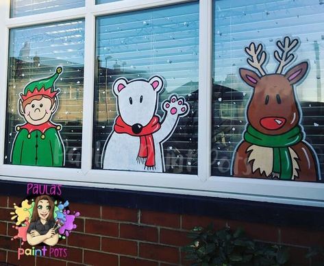 Reindeer Window Painting, Thanksgiving Window Art, Window Painting Ideas Christmas, Christmas Window Art Ideas, Xmas Windows, Diy Christmas Window, Winter Windows, Painted Window Art, Disney Characters Christmas