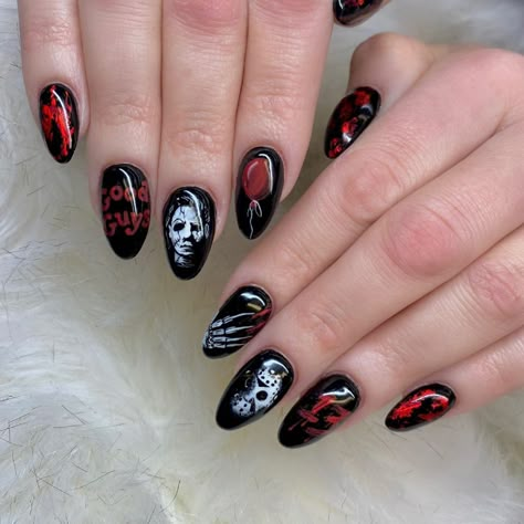 Insidious Nails, Horror Film Nails, Short Horror Nails, Horror Nails Short, Michael Myers Nails, Jason Nails, Horror Movie Nails, Nail Art Designs 2023, Horror Nails