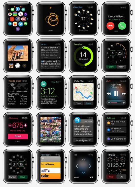 For something a little different, this picture depicts various UI designs for the Apple Watch, which has to create a sense of familiarity for users with a small amount of screen space. Apple Moodboard, Best Apple Watch Apps, Apple Watch Hacks, Apple Watch Silver, Apple Watch Fitness, Apple Watch Design, Apple Watch Fashion, Apple Watch Stand, Apple Watch Iphone