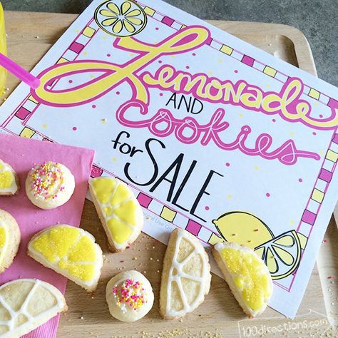 I have lemonade stand printables for you today! As soon as summer break starts, my kids are outside hosting their own lemonade stand. They love to come up with fun ideas for the signs and different treats to sell with their drinks. it’s turning into a regular neighborhood concession stand! Last year I shared a fun... Read More Cute Lemonade Stand Signs, Lemonade Stand Ideas Diy Signs, Lemonade Signs For Kids, Lemonade Sign Ideas, Lemonade Stand Sign Ideas, Lemonade Stand Cookies, Lemonade Treats, Lemonade Stand Printables, Treats To Sell