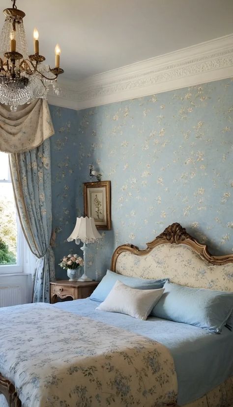 blue french grandma core bedroom with vintage furniture and blue floral pattern. Girls French Bedroom, French Grandma Aesthetic, Blue Antique Bedroom, Grandma Core Room, European Aesthetic Bedroom, Luxury Vintage Bedroom, French Parisian Bedroom, Granny Chic Bedroom, Blue Vintage Bedroom