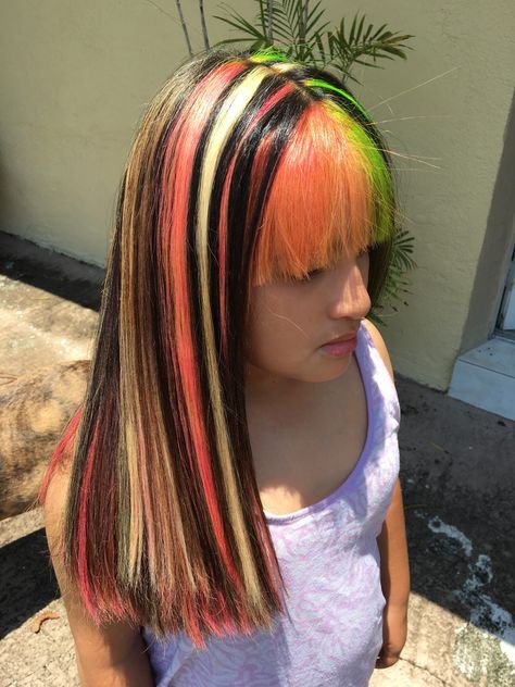 Pink And Green Highlights, Lime Green Highlights, Pink Chunky Highlights, Bang Cut, Pink Streaks, Chunky Highlights, Black Hair With Highlights, Green Highlights, Straight Bangs