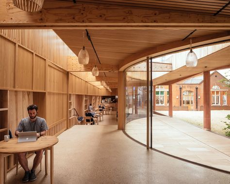 studio weave adds timber extension to london's lea bridge library Library Pavilion, Precast Concrete Panels, Studio Weave, Timber Battens, Paved Patio, Timber Door, Community Space, Patio Interior, Glass Facades