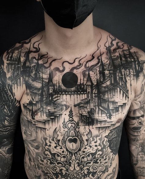 How awesome is this amazing is this chest piece by thomasetattoos ?🖤 #tattoo #gothtattoo ⁠ #goth #gothgoth #gothic #darkaesthetic Castle Tattoo, Hyper Realistic Tattoo, Goth Tattoo, Back Piece Tattoo, Chest Piece Tattoos, Chest Tattoo Men, Full Body Tattoo, Body Suit Tattoo, Gothic Tattoo