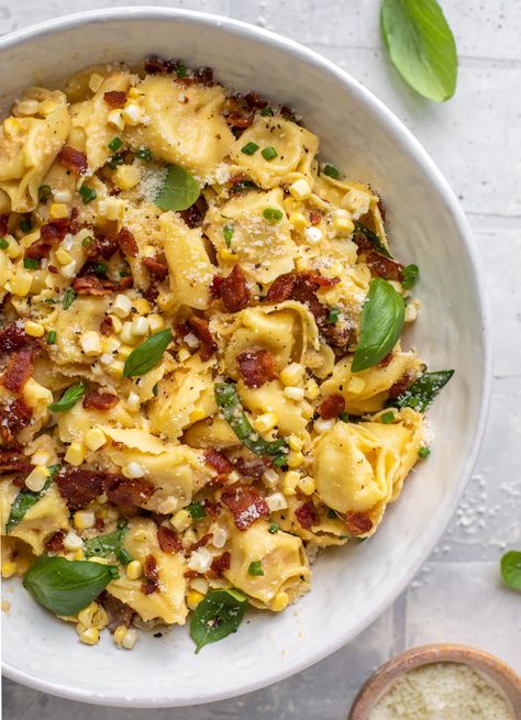 Tortellini Carbonara - Summer Tortellini Carbonara with Corn & Basil Tortellini Carbonara, Summer Tortellini, Make Ahead Salads, Comfort Dinner, Tortellini Recipes, Sweet Corn, Crispy Bacon, Easy Delicious, How Sweet Eats