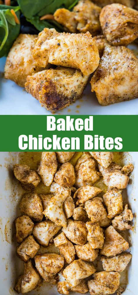 Buttery baked chicken bites are an easy dinner or appetizer! Tender chicken gets chopped into bite-sized pieces, seasoned, and oven baked. #chickenbites #chickendinner Baked Chicken Bites Recipes, Chicken Breast Appetizers, Oven Baked Chicken Bites, Buttery Baked Chicken, Oven Baked Chicken Nuggets, Baked Chicken Bites, Boneless Skinless Chicken Breast Recipes, Baked Chicken Cutlets, Skinless Chicken Breast Recipes