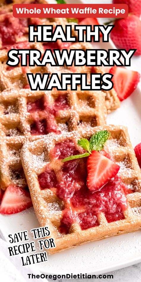 Get your day off to a great start with my healthy whole wheat strawberry waffles. These delicious guilt-free waffles are made with wholesome whole grains, packed with fiber and essential nutrients. Best of all they're easy to make only needing 10 simple ingredients. Whether you're looking for a satisfying breakfast or a tasty snack, these whole-grain strawberry waffles are the perfect choice. #healthybreakfast #healthysnack Waffle Recipe Healthy, Whole Wheat Waffles, Healthy Waffles, Banana Waffles, Strawberry Pancakes, Strawberry Waffles, Healthy Strawberry, Waffle Toppings, Whole Grains