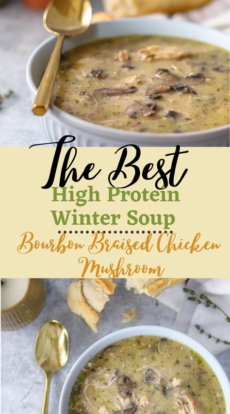 Guys... this soup, you must make!! This is one of the best cozy & high protein soup, that is a must make winter soup! This chicken truly falls apart & is SO tender. The flavors are incredible. This soup is going to be a go to for your family. A must make family dinner. This soup is lightened up using majoirty broth-- but flavored with delicious leeks, garlic, thyme, parsley etc. these flavors are perfect! Enjoy this cleaner winter soup! High Protein Fall Soups, Winter Soup And Stew Recipes, Fall Soup Recipes High Protein, Fall Broth Soups, Soup Party Ideas Winter, Best Winter Soup Recipes, Different Soups, Appetizer Soup, High Protein Soups