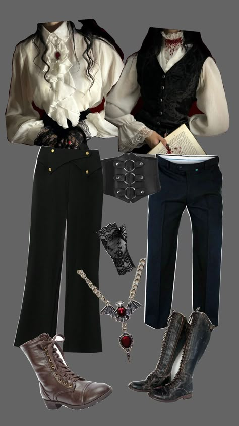 nonbinary vampire inspired outfits Nosferatu Inspired Outfit, Nosferatu Aesthetic Outfit, Nosferatu Outfit Ideas, Dark Victorian Outfits, Masc Vampire Outfits, Vampire Academia Outfits, Magician Aesthetic Outfit, Nosferatu Outfit, Vampire Hunter Outfit