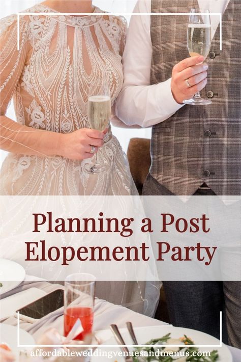 If you want to celebrate after eloping, you can plan a post elopement party. See how to find a venue, how much a post elopement party costs, planning food and drinks. What activities, wedding traditions and decorations should you plan for your post elopement reception? Find announcements and invitations for a party after eloping. Meet The Newlyweds Party, Post Wedding Celebration Invitations, Elope After Party Receptions, Ceremony After Elopement, Open House Wedding Reception Invitations, Wedding Shower After Elopement, Casual Beach Wedding Reception, Planning A Reception After Eloping, No Ceremony Wedding Reception