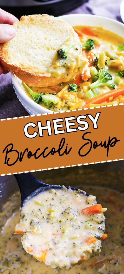 Collage of bowlful of copycat Panera Broccoli cheese soup at top and bottom. Panera Broccoli Cheese Soup Recipe, Broccoli Cheese Soup Panera, Instant Pot Broccoli Cheese Soup, Panera Broccoli Cheese Soup, Instant Pot Broccoli, Best Broccoli Cheese Soup, Broccoli Cheese Soup Recipe, Ham Bone Soup, Cheesy Broccoli Soup