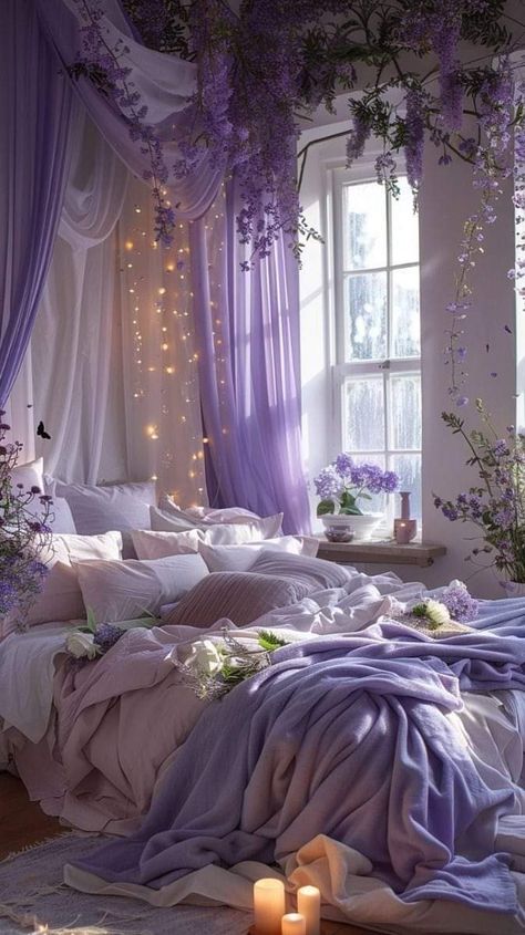 Wisteria Bedroom Decor, Dreamy Bedrooms Romantic, Turquoise Bedrooms, Romantic Purple Bedroom, Lavender Room Ideas, Deep Purple Bedroom, Shield Aesthetic, Light Purple Walls, Reset Ideas