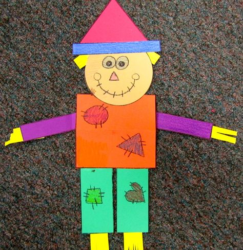 GEOMETRY SCARECROWS...reminds me of Mat Man :) Scarecrow Craft, Mat Man, November Holidays, Preschool Crafts Fall, Scarecrow Crafts, October Ideas, Fall Lessons, Fall Kindergarten, Fall Preschool