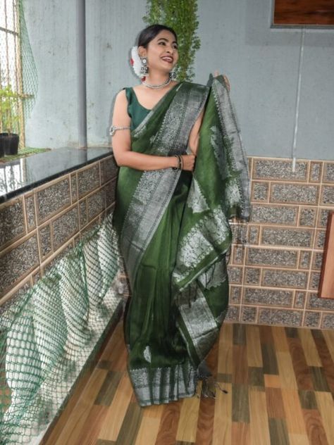 Army Forest Green with Silver Zari Silver Zari Saree, Zari Saree, Traditional Indian Clothing, Linen Saree, Indian Clothing, Traditional Indian, Indian Outfits, Saree Designs, Forest Green