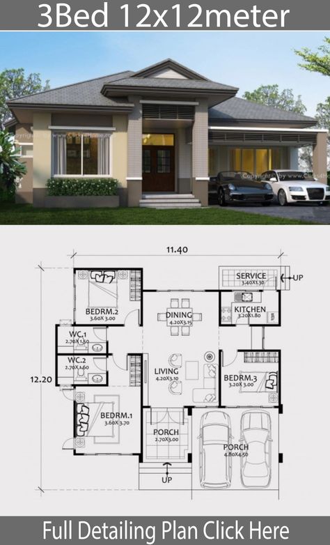 Bungalow Style House, Three Bedroom House Plan, Pelan Rumah, Modern House Floor Plans, Bungalow Floor Plans, Bungalow Style House Plans, Affordable House Plans, Modern Bungalow House, Simple House Design