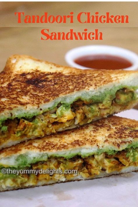 close-up of tandoori chicken sandwich stacked on a board. Grilled Tandoori Chicken, Grilled Chicken Sandwich Recipes, Chicken Bread, Chicken Sandwich Recipe, Pan Chicken Recipes, Chicken Recipes Boneless, Easy Sandwich Recipes, Favorite Recipes Chicken, Healthy Indian Recipes