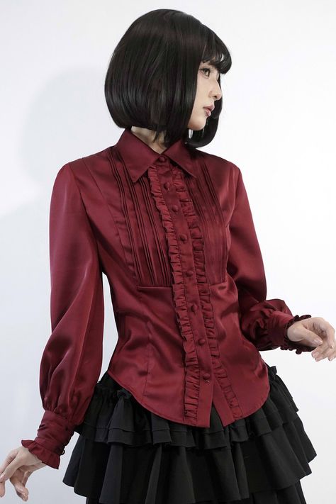 Vampirecore Clothes, Gothic Red Outfit, Red Aesthetic Clothing, Wine Red Outfit Ideas, Wine Red Skirt Outfit, Jazz Aesthetic Clothing, Red Goth Outfits, Red And Black Outfits, Gothic Shirts