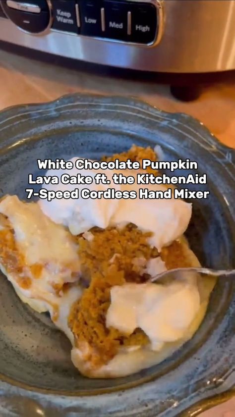 Fall Dessert Recipe ft. KitchenAid! | KitchenAid is bringing the fall flavors with this delicious White Chocolate Pumpkin Lava Cake, recipe courtesy of Tina Verrelli KitchenAid on QVC! 😋🍰... | By QVC | Facebook Crockpot Pumpkin White Chocolate Lava Cake, Pumpkin Lava Cake Crock Pot, Crockpot Pumpkin Lava Cake, White Chocolate Pumpkin Lava Cake, Tina Verrelli Recipes, Pumpkin Lava Cake, Kitchen Aid Recipes, Mixer Recipes, Crock Pot Desserts