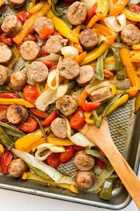 Sheet Pan Sausage Sheet Pan Sausage, Pan Sausage, Italian Pork, Stuffed Peppers Healthy, Sausage Peppers, Brown Rice Pasta, Healthy Dinner Recipe, Healthy Low Calorie Meals, Dinner Meal Prep