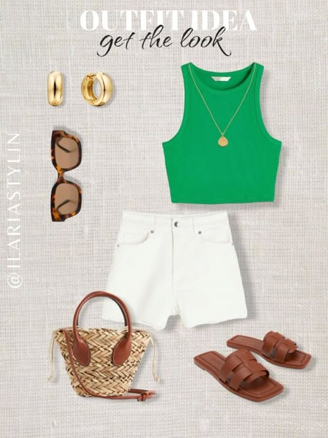 fashion inspo, summer fashion, summer outfit, summer outfit idea, outfit inspo, comfy chic, casual outfit, casual chic, effortless outfit, green top, tank top, white shorts, denim shorts, tan slides, brown slides, tan sandals, brown sandals, tan bag, straw bag, mini bag, style inspo, women fashion Light Green Crop Top Outfit, White Shorts Outfit Summer Casual, Green Top Outfit Summer, White Short Outfit, Amber Outfit, Green Crop Top Outfit, Outfits Calor, Green Shirt Outfit, Steve Madden Sneakers Outfit